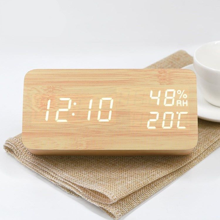 Room Humidity Led Luminous Alarm Wooden Clock