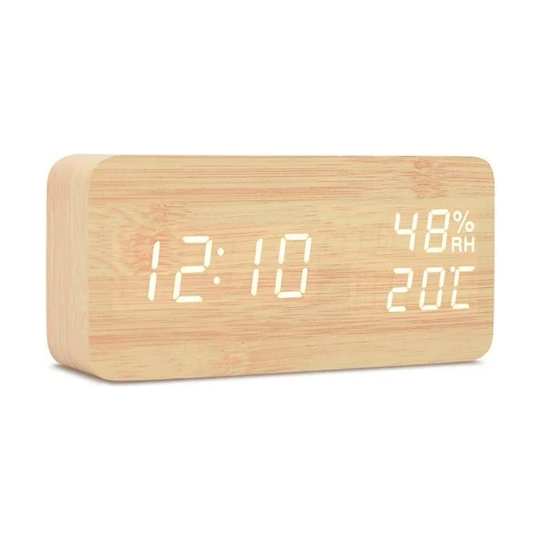 Room Humidity Led Luminous Alarm Wooden Clock