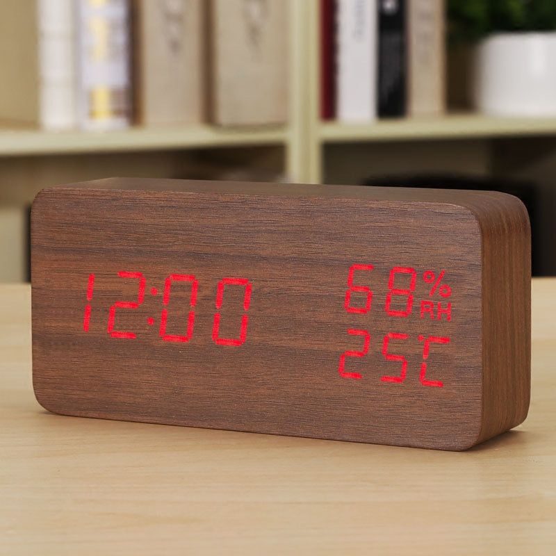 Room Humidity Led Luminous Alarm Wooden Clock