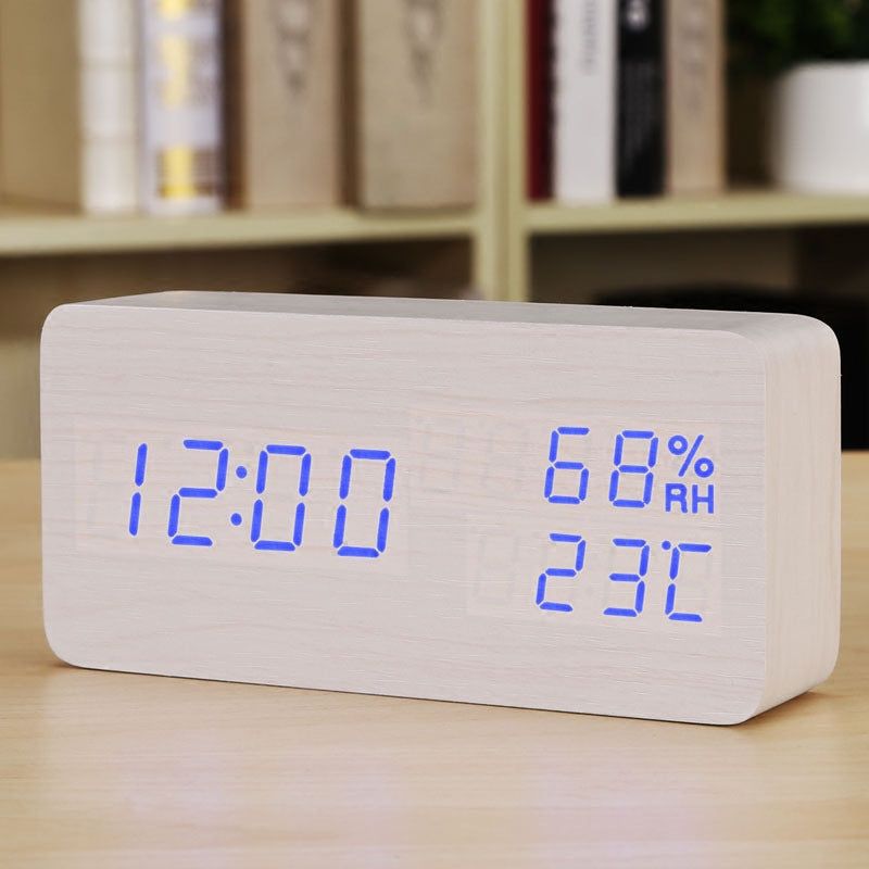 Room Humidity Led Luminous Alarm Wooden Clock