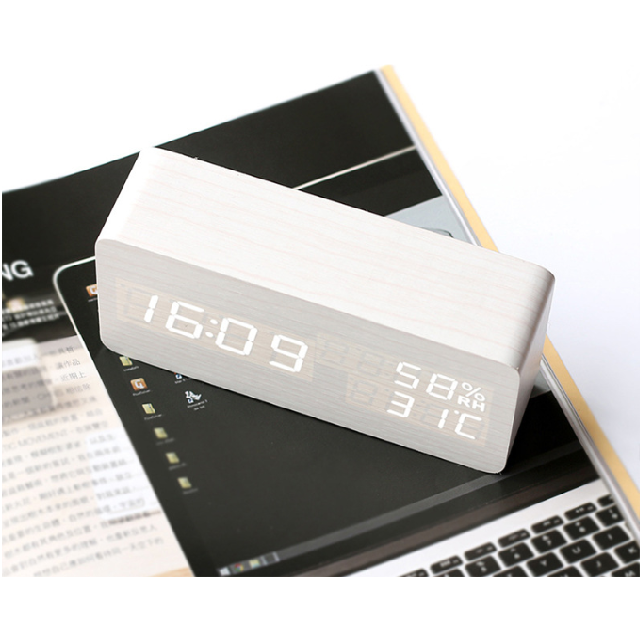 Room Humidity Led Luminous Alarm Wooden Clock