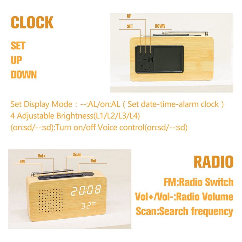 Led Digital Wood Clock Radio Alarm Clock
