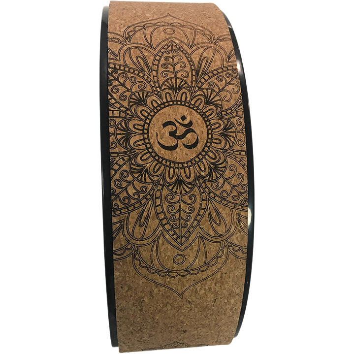 Cork yoga wheel with a textured surface for balance and flexibility exercises.