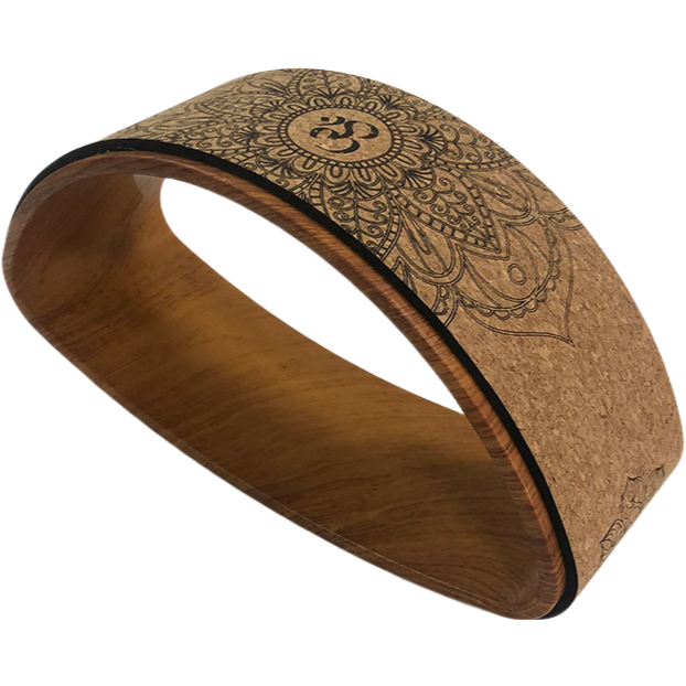 Cork yoga wheel with a textured surface for balance and flexibility exercises.