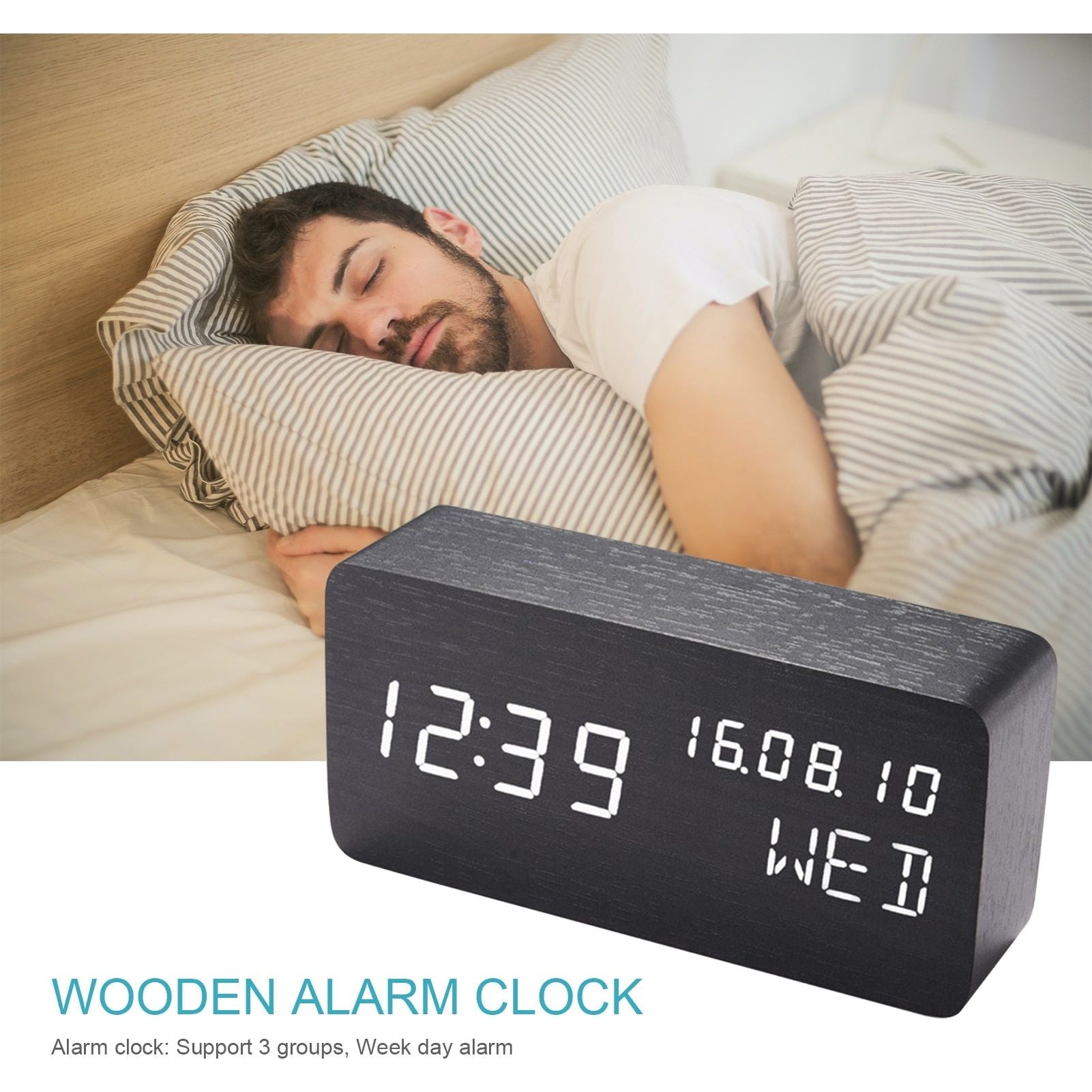 Wooden LED Alarm Clock with Voice Control Adjustable