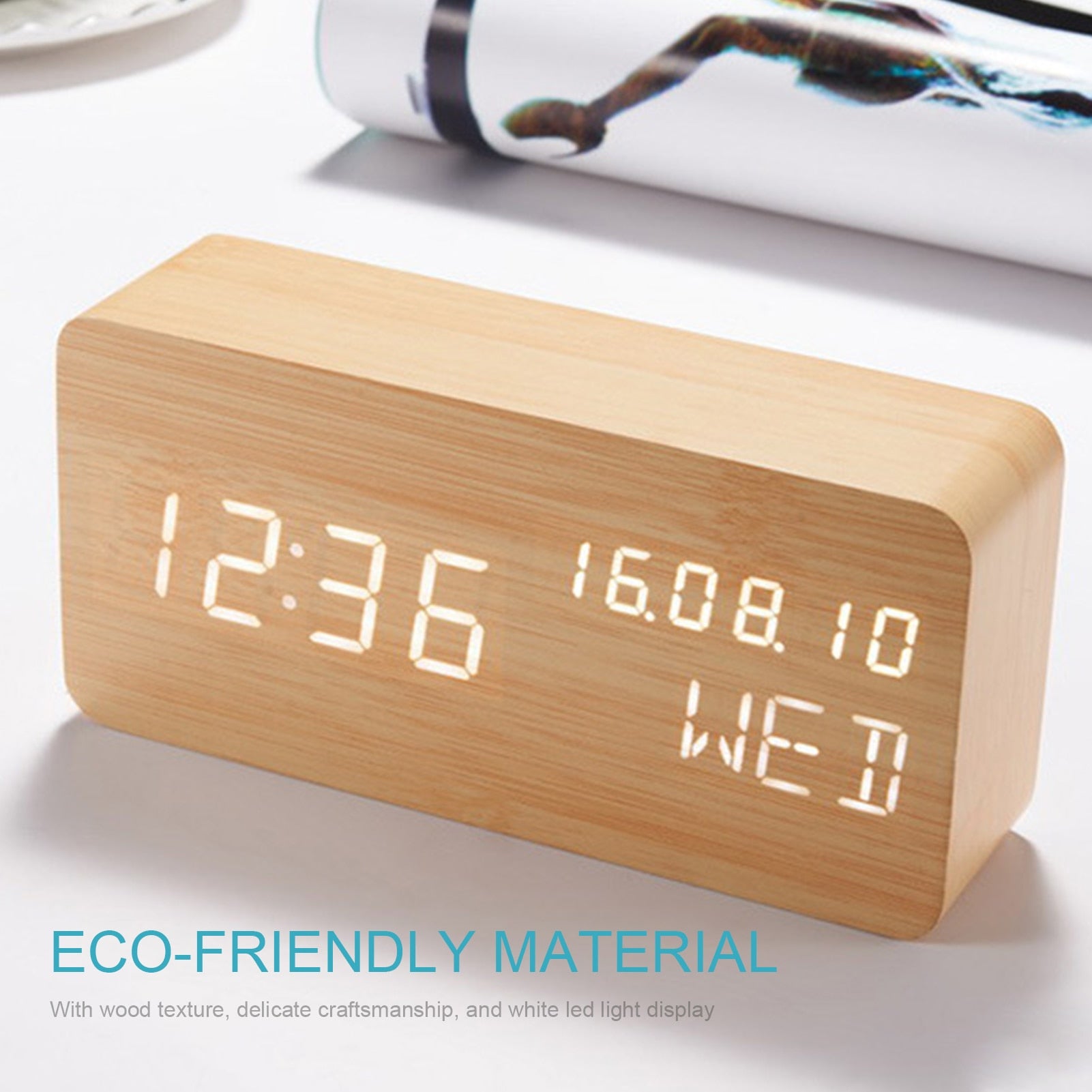 Wooden LED Alarm Clock with Voice Control Adjustable