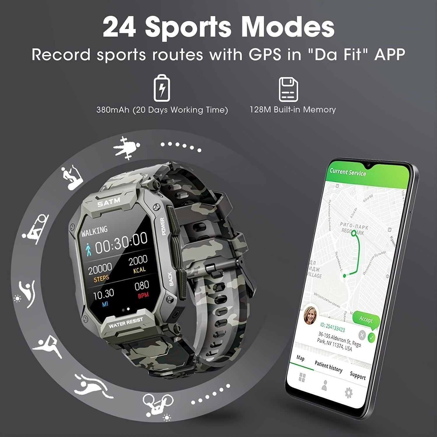 Military Smart Watch For Men 5ATM Fitness Tracker With Blood Pressure; Heart Rate; Blood Oxygen Monitor