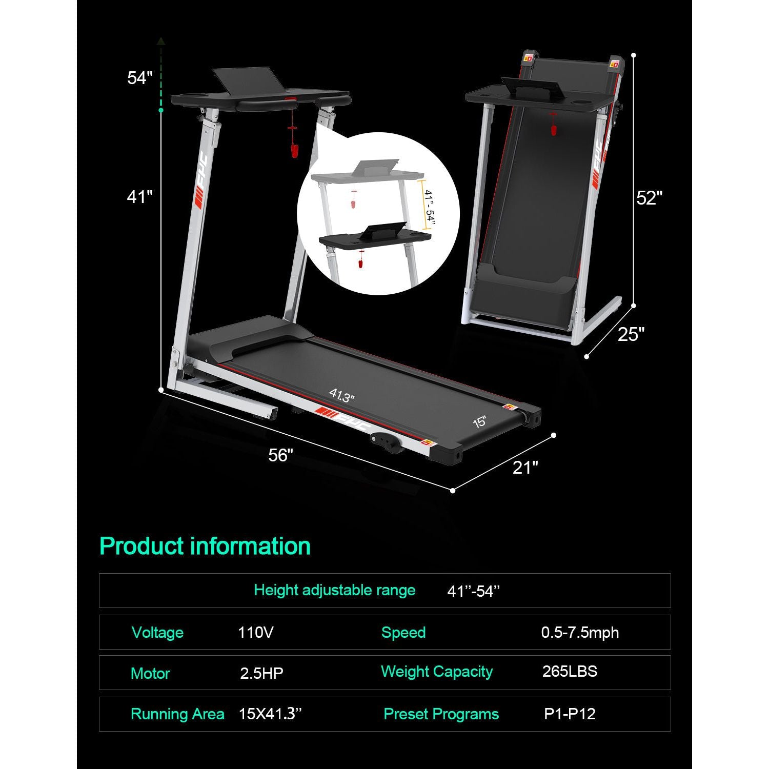 FYC Folding Home Treadmill 2.5HP 265 lbs Weight Capacity