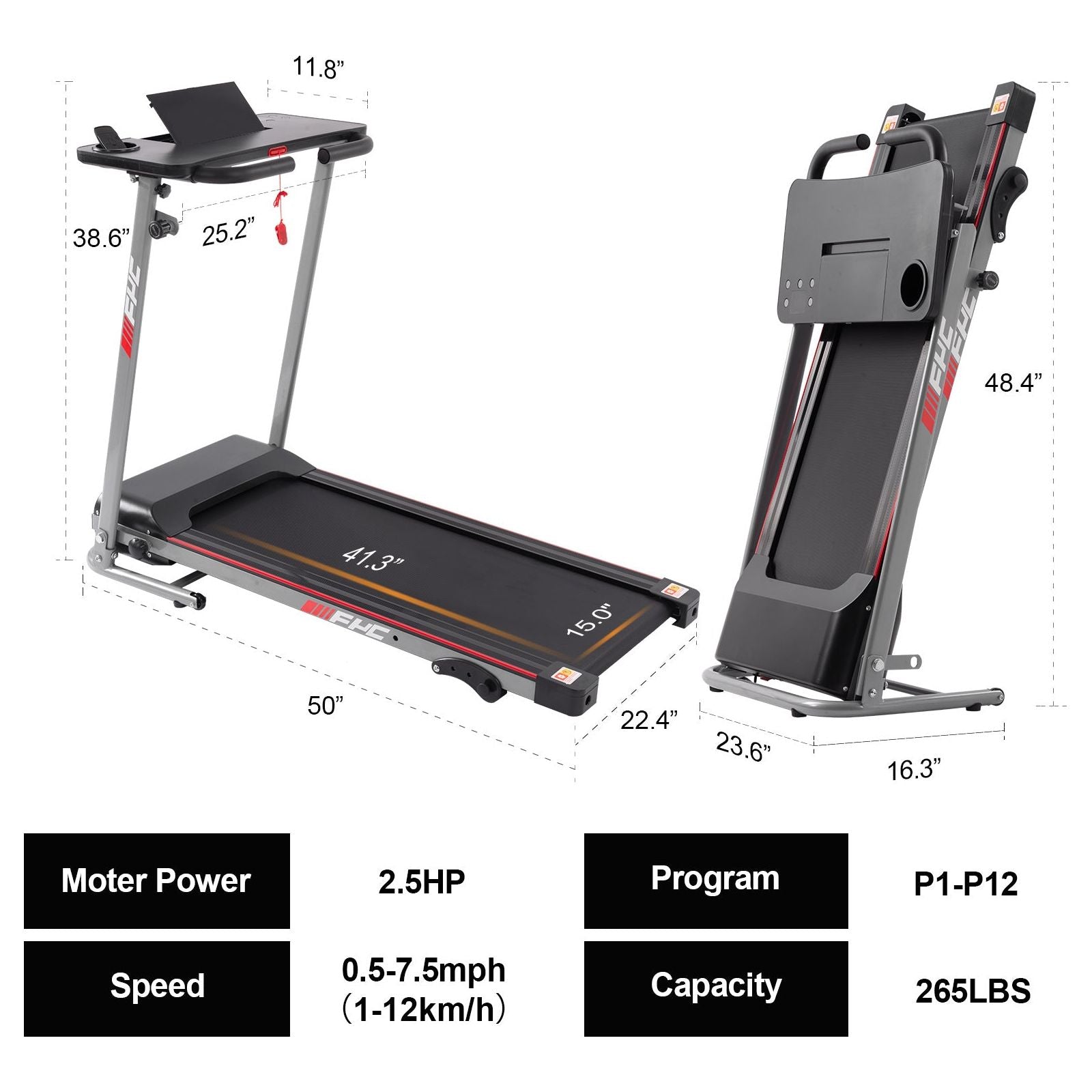 FYC Folding Home Treadmill 2.5HP 265 lbs Weight Capacity